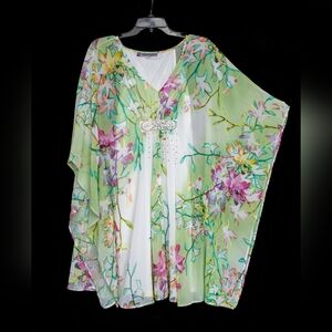Jennifer Lopez floral print embellished chiffon kaftan top S